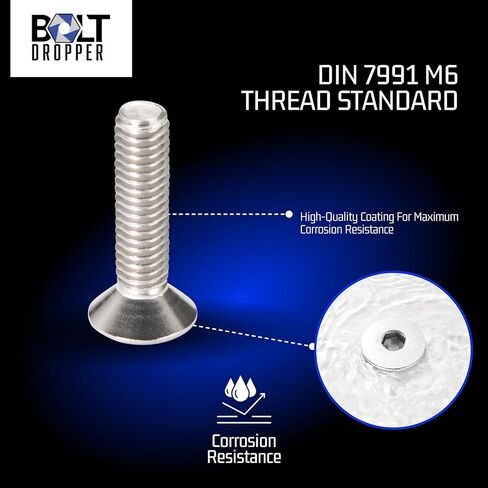 مسمار برأس غاطس بمقبس مسدس بقطارة DIN 7991 - A2 من الفولاذ المقاوم للصدأ - نقل عزم دوران عالٍ، لمسة نهائية من الفولاذ الطبيعي - خيط M6 × طول 25 مم - مجموعة من 50 قطعة in Kuwait