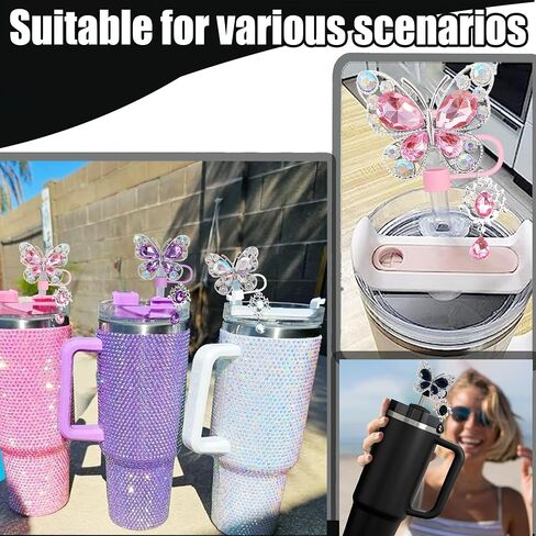3 Pieces Accessories for Stanley Cup，1pc Butterfly Chain for Stumbler with Handle, 1pc Silicone Boot and 1pc Straw Covers Stuff Decor Water Bottle Jewelry Tumbler Personalized Decorations Tag in Saudi Arabia