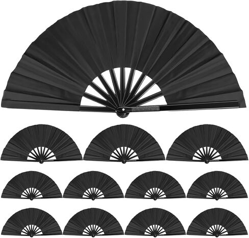 NKG 3 Pack Large Folding Hand Fan, Balck Chinese Kung Fu Tai Chi Fan Nylon-Cloth Fan for Men and Women Performance, Dance, Decorations, Festival, Gift (3, Black) in Kuwait