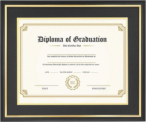 11x14 Diploma Frame with Black over Gold Mat, 14x17 Certificate Frame, Real Wood with Gold Trim, Black Frame with Arcylic in Kuwait