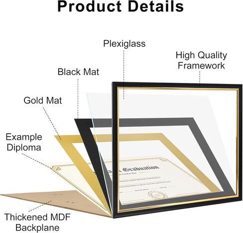 11x14 Diploma Frame with Black over Gold Mat, 14x17 Certificate Frame, Real Wood with Gold Trim, Black Frame with Arcylic in Kuwait