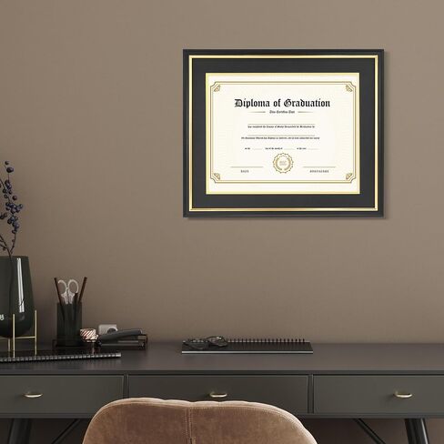 11x14 Diploma Frame with Black over Gold Mat, 14x17 Certificate Frame, Real Wood with Gold Trim, Black Frame with Arcylic in Kuwait