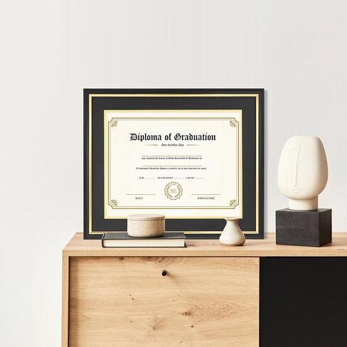 11x14 Diploma Frame with Black over Gold Mat, 14x17 Certificate Frame, Real Wood with Gold Trim, Black Frame with Arcylic in Kuwait