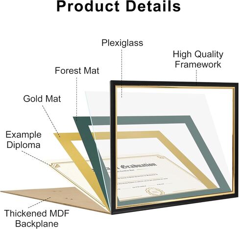 11x14 Diploma Frame with Black over Gold Mat, 14x17 Certificate Frame, Real Wood with Gold Trim, Black Frame with Arcylic in Kuwait
