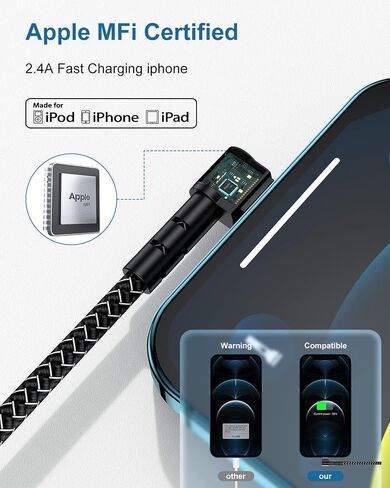 3Pack 90 Degree iPhone Charger 10ft, Apple MFi Certified 10 Feet Lightning Cord Long, Nylon Right Angle 10 Foot Charging Cable for Apple iPhone 14 Pro Max/14/13Pro/12 Mini/11/X/XS/XR/8 Plus/7/6/5/iPad in Saudi Arabia