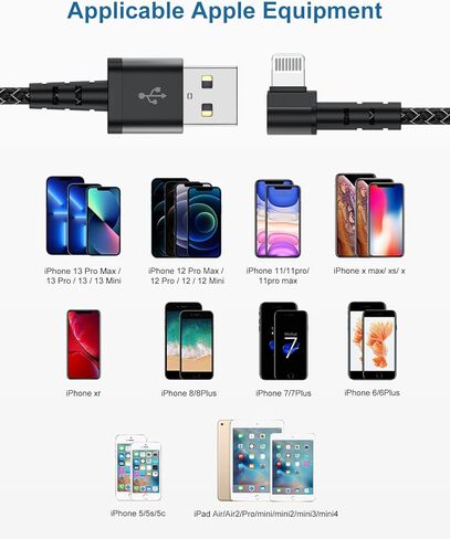3Pack 90 Degree iPhone Charger 10ft, Apple MFi Certified 10 Feet Lightning Cord Long, Nylon Right Angle 10 Foot Charging Cable for Apple iPhone 14 Pro Max/14/13Pro/12 Mini/11/X/XS/XR/8 Plus/7/6/5/iPad in Saudi Arabia