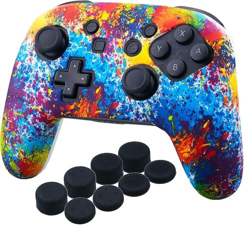 YoRHa غطاء جلدي مرصع بالسيليكون مطبوع فقط لجهاز Nitendo Official Switch Pro Controller x 1 (Skull Graffiti) مع مقابض الإبهام الاحترافية x 8 in Kuwait