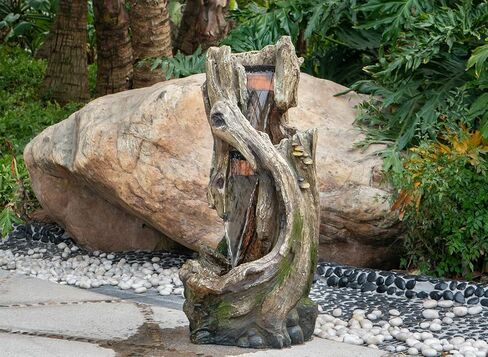 Indoor Outdoor Tree Trunk Fountain, Rustic Waterfall Feature with Light, Grey Polyresin Design for Garden Lawn Porch in Saudi Arabia