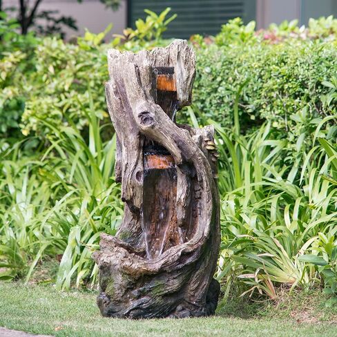 Indoor Outdoor Tree Trunk Fountain, Rustic Waterfall Feature with Light, Grey Polyresin Design for Garden Lawn Porch in Saudi Arabia