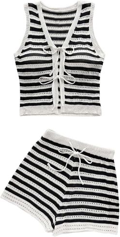 MakeMeChic Women's Striped Shorts Set Two Piece Outfits Knit Crochet Tank Top Matching Set in Saudi Arabia