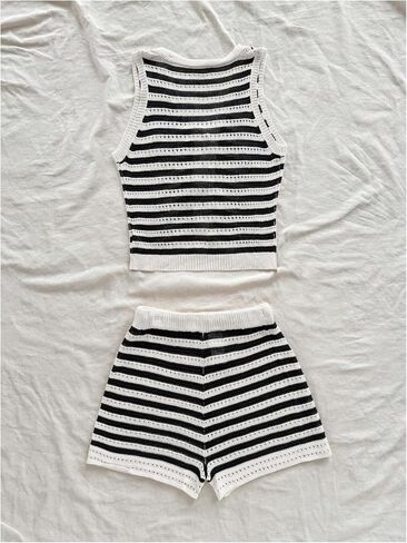 MakeMeChic Women's Striped Shorts Set Two Piece Outfits Knit Crochet Tank Top Matching Set in Saudi Arabia