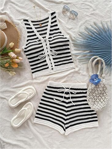 MakeMeChic Women's Striped Shorts Set Two Piece Outfits Knit Crochet Tank Top Matching Set in Saudi Arabia