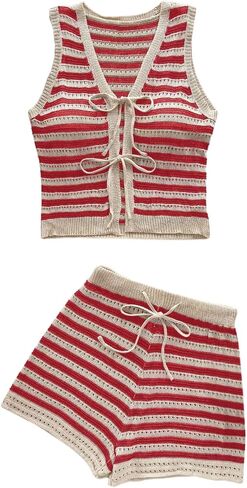 MakeMeChic Women's Striped Shorts Set Two Piece Outfits Knit Crochet Tank Top Matching Set in Saudi Arabia