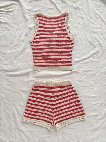 MakeMeChic Women's Striped Shorts Set Two Piece Outfits Knit Crochet Tank Top Matching Set in Saudi Arabia