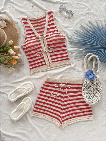 MakeMeChic Women's Striped Shorts Set Two Piece Outfits Knit Crochet Tank Top Matching Set in Saudi Arabia