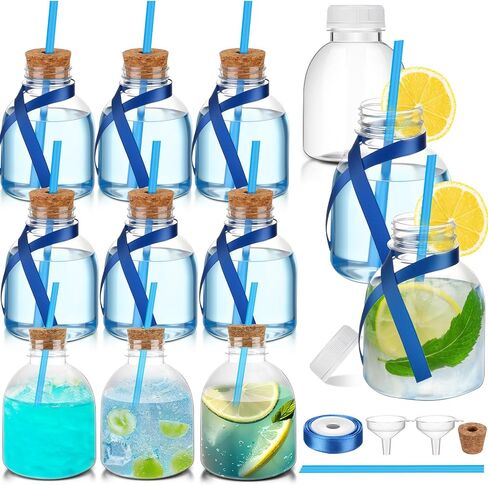 Vesici 12 Pcs 10 oz Plastic Patron Bottles with Cork and Straw Empty Juice Bottles for Drinks Reusable Mini Liquor Bottles with Silk Ribbon Tags and Ropes for Wedding Party Personalized Decoration in Saudi Arabia