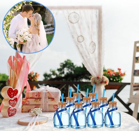 Vesici 12 Pcs 10 oz Plastic Patron Bottles with Cork and Straw Empty Juice Bottles for Drinks Reusable Mini Liquor Bottles with Silk Ribbon Tags and Ropes for Wedding Party Personalized Decoration in Saudi Arabia