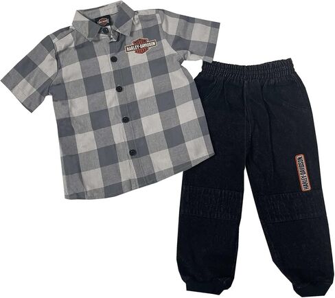 Harley-Davidson Little Boys' 2-Piece Toddler Plaid Shirt & Denim Pant Set - Gray in Saudi Arabia