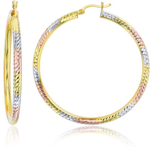 14k Gold Polished Diamond Cut Hoop Earrings for Women | 3mm Thick | Italian Gold Hoops | Diamond Cut Hoop Earrings | Secure Click-Top | Shiny Polished Earrings, 20mm-65mm in Saudi Arabia