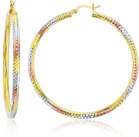 14k Gold Polished Diamond Cut Hoop Earrings for Women | 3mm Thick | Italian Gold Hoops | Diamond Cut Hoop Earrings | Secure Click-Top | Shiny Polished Earrings, 20mm-65mm in Saudi Arabia