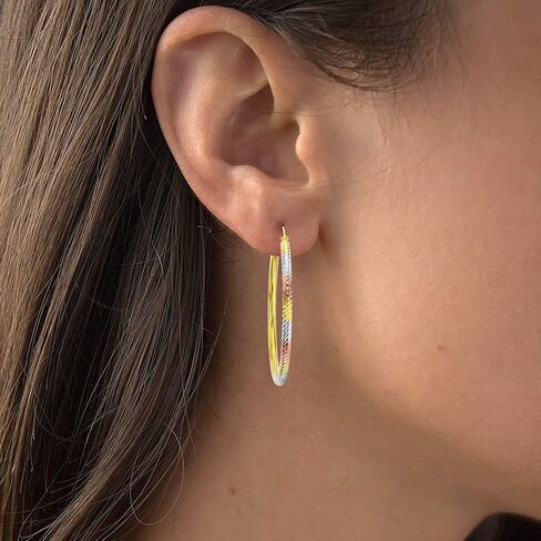 14k Gold Polished Diamond Cut Hoop Earrings for Women | 3mm Thick | Italian Gold Hoops | Diamond Cut Hoop Earrings | Secure Click-Top | Shiny Polished Earrings, 20mm-65mm in Saudi Arabia