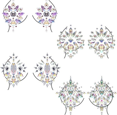 4 Pairs Rhinestone Pasties, Crystal Nipple Tassels Women, Nipple Covers Sexy Jewelry Non Piercing for Body(Rhinestone Style) Silver in Saudi Arabia
