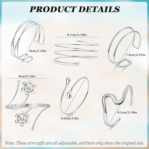6Pcs Arm Cuff for Women Upper Arm Band Cuff Bracelet Gold Silver Coil Bangle Armlet Adjustable Flower Armband Set in Saudi Arabia
