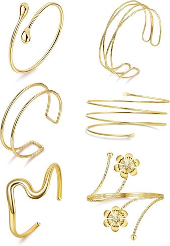6Pcs Arm Cuff for Women Upper Arm Band Cuff Bracelet Gold Silver Coil Bangle Armlet Adjustable Flower Armband Set in Saudi Arabia