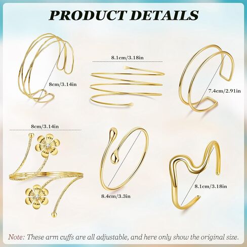 6Pcs Arm Cuff for Women Upper Arm Band Cuff Bracelet Gold Silver Coil Bangle Armlet Adjustable Flower Armband Set in Saudi Arabia