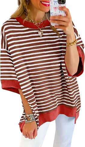 Tankaneo Womens Oversized T Shirts Striped Color Block Cotton Tops Summer Casual Half Sleeve Loose Fit Crewneck Sweatshirts in Saudi Arabia