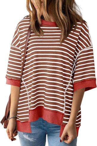 Tankaneo Womens Oversized T Shirts Striped Color Block Cotton Tops Summer Casual Half Sleeve Loose Fit Crewneck Sweatshirts in Saudi Arabia