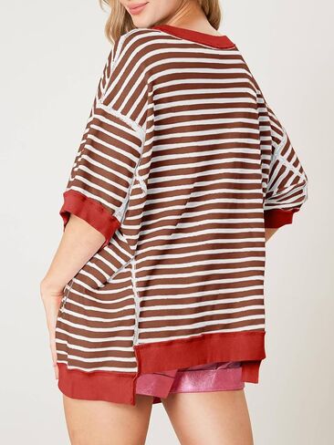 Tankaneo Womens Oversized T Shirts Striped Color Block Cotton Tops Summer Casual Half Sleeve Loose Fit Crewneck Sweatshirts in Saudi Arabia