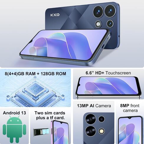 KXD A07 Unlock Cell Phone, Android 12 Unlocked Phone, 4500mAh 10W Fast Smartphones, 13MP+8MP, 6.52Inch HD+, 8GB + 128GB/SD 256GB Mobile Phone, Fingerprint/Face ID, 4G Dual SIM Phone - White in Saudi Arabia