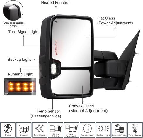 Towing Mirror for Silverado Sierra -Compatible with 2014-2018 Chevy Silverado GMC Sierra With Power Operated Heated Glass Turn Signal Light&Running Light Driver&Passenger Sides in Saudi Arabia
