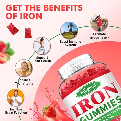 2 Pack Iron Gummies for Women & Men - Vegan Iron Supplement for Anemia & Iron Deficiency, with Vitamin B12, Vitamin C, Zinc, Folate - Energy Boost, Sugar-Free, Strawberry Flavor, 120 Count in Saudi Arabia