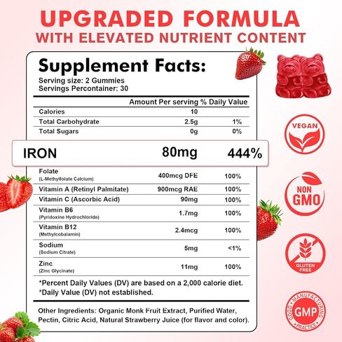 2 Pack Iron Gummies for Women & Men - Vegan Iron Supplement for Anemia & Iron Deficiency, with Vitamin B12, Vitamin C, Zinc, Folate - Energy Boost, Sugar-Free, Strawberry Flavor, 120 Count in Saudi Arabia