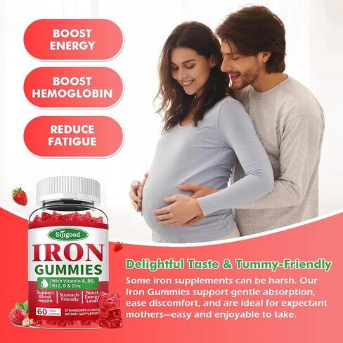 2 Pack Iron Gummies for Women & Men - Vegan Iron Supplement for Anemia & Iron Deficiency, with Vitamin B12, Vitamin C, Zinc, Folate - Energy Boost, Sugar-Free, Strawberry Flavor, 120 Count in Saudi Arabia