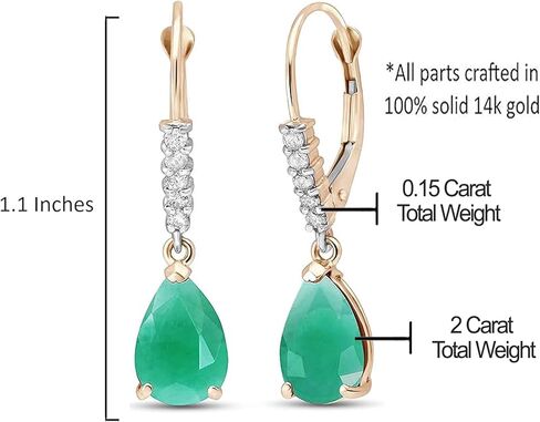 2.0 CTW Emeralds 0.15 CTW Diamonds Galaxy Gold GG 14K Solid Gold Leverback أقراط مع الماس الطبيعي والزمرد in Kuwait