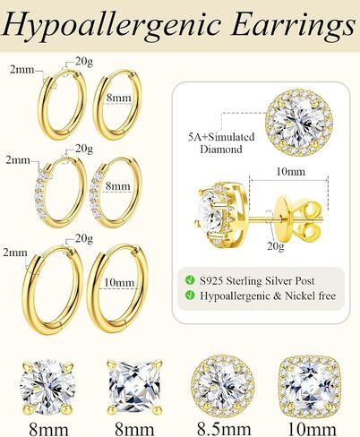 Surgical Steel Stud Earrings for Women Men, S925 Sterling Silver Hypoallergenic Cubic Zirconia Earrings Studs & Hoops Set, Big Brilliant Simulated Diamond CZ Halo Stud Earrings for Sensitive Ears in Saudi Arabia