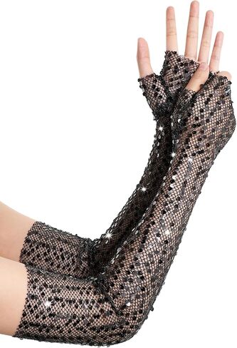 BABEYOND Opera Gloves for Women - Long Fingerless Sequin Sparkling Glitter Gloves Tea Party Stretchy Adult Size Elbow Length in Saudi Arabia