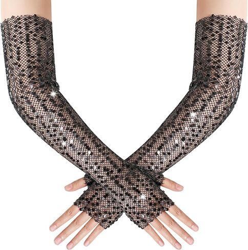 BABEYOND Opera Gloves for Women - Long Fingerless Sequin Sparkling Glitter Gloves Tea Party Stretchy Adult Size Elbow Length in Saudi Arabia
