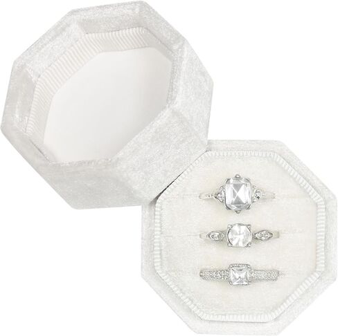Velvet Ring Box 3 Slots Ring Gift Box Jewelry Ring Display Holder Case for Proposal Engagement Wedding Ceremony 3 Slots Octagon (Ivory) in Saudi Arabia