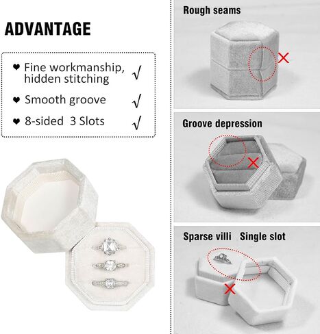 Velvet Ring Box 3 Slots Ring Gift Box Jewelry Ring Display Holder Case for Proposal Engagement Wedding Ceremony 3 Slots Octagon (Ivory) in Saudi Arabia