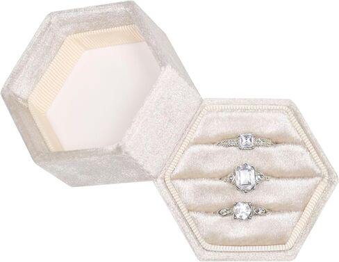 Velvet Ring Box 3 Slots Ring Gift Box Jewelry Ring Display Holder Case for Proposal Engagement Wedding Ceremony 3 Slots Octagon (Ivory) in Saudi Arabia