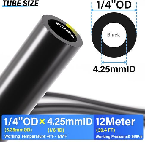 TAILONZ PNEUMATIC Black PA12 1/4 Inch od 12 Meter 39ft Nylon Air Tubing Kit Pipe Hose Air Line Tubing Or Fluid Transfer Pneumatic tubing in Kuwait