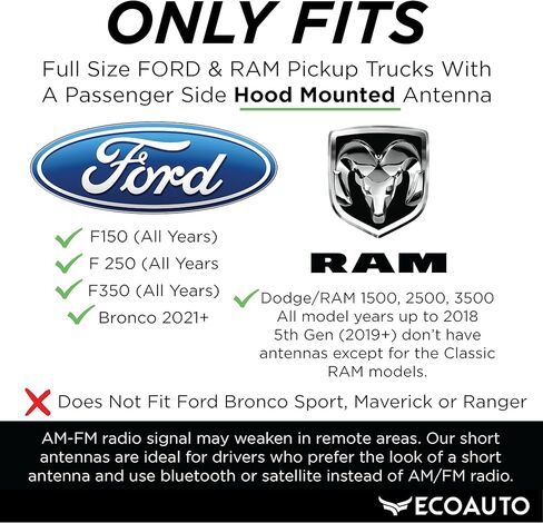 EcoAuto Bullet Antenna Replacement for Dodge Ram & Ford F150 F250 F350 Super Duty Ford Raptor Bronco Trucks - Anti-Theft Design - Radio Antenna for Truck 1990 - Current in Kuwait
