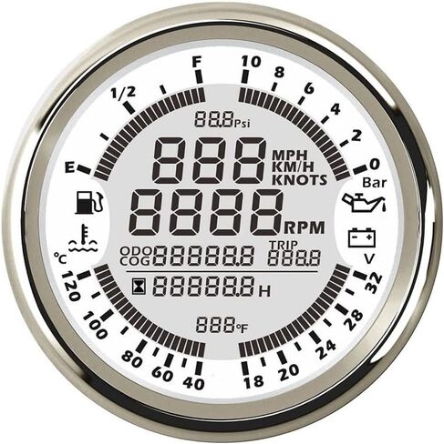 ELING 6-in-1 Multi-Functional Gauge Meter GPS Speedometer Tachometer Hour Water Temp Fuel Level Oil Pressure Voltmeter 24V 0-10Bar (White+Stainless Steel) in Kuwait