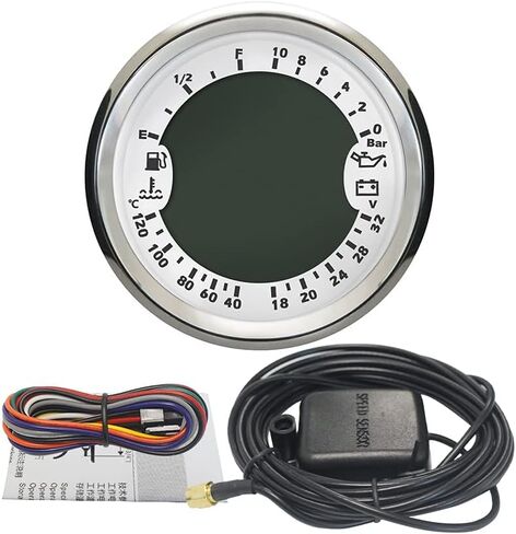 ELING 6-in-1 Multi-Functional Gauge Meter GPS Speedometer Tachometer Hour Water Temp Fuel Level Oil Pressure Voltmeter 24V 0-10Bar (White+Stainless Steel) in Kuwait
