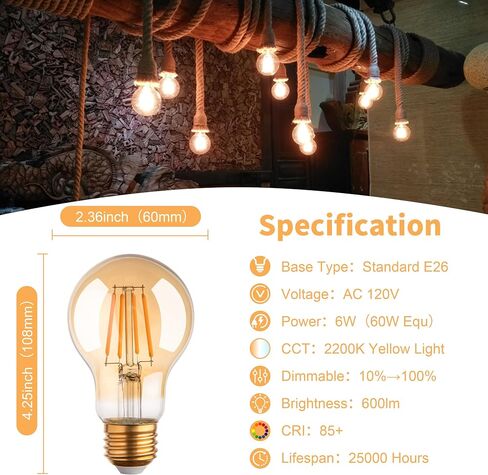 2200k Led Light Bulb,Vintage A19 Edison Bulbs,Dimmable amber Light Bulbs,Warm White Tone Light Bulb,Antique Led Filament Light Bulbs,Old Style Light Bulbs,40W/60W Equivalent,4 Watt/6 Watt,E26 Base in Saudi Arabia