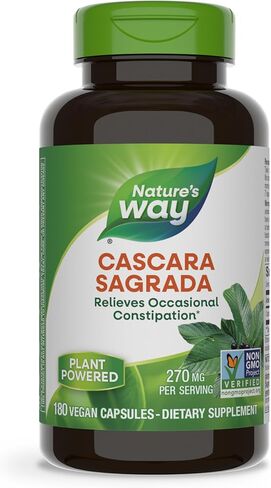 Nature’s Way Cascara Sagrada Bark, Occasional Constipation Relief*, Supports Regularity*, Non-GMO Project Verified, 270 mg per Serving, 180 Capsules (Packaging May Vary) in Saudi Arabia